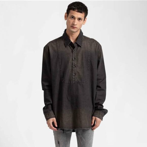 Man X One Teaspoon Shirt Medium Black Pull Over Denim Distressed Grunge - Picture 1 of 14